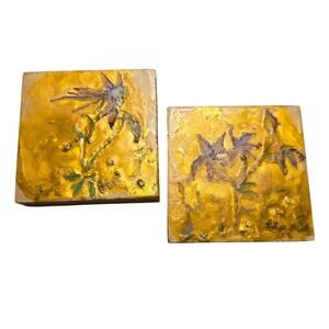 Set 2 Miniature Encaustic Wax Wood ART Paintings Floral Gold Francine Michel